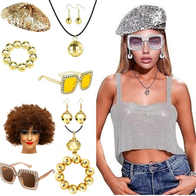 4/5Pcs Disco 50s 60s 70s 80s Set Rockstars Cool Outfits for Halloween Birthday Party Costume Dress Up Accessories