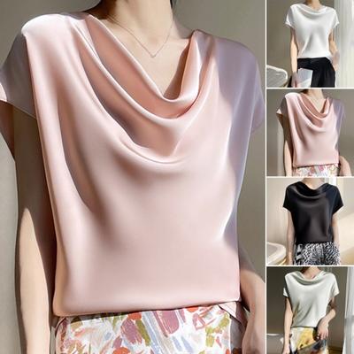 Women Summer Tops Piled Collar Short Sleeve Tank Tops Solid Color Faux Satin Smooth Blouse Streetwear