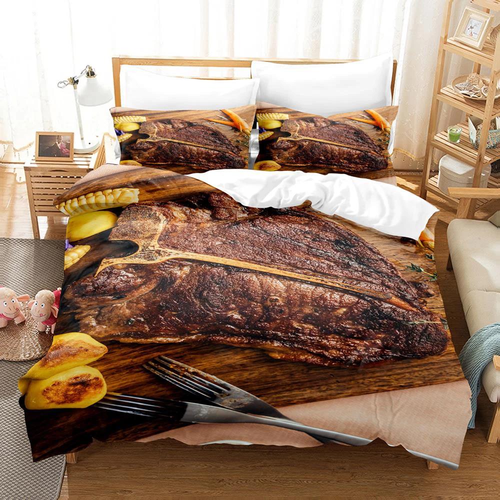 2024 Beefsteak Einzel Doppel Voll Queen King Size Bettwäscheset Jungen Schlafzimmer Bettdeckenbezug 3D-Druck Gourmet-Steak