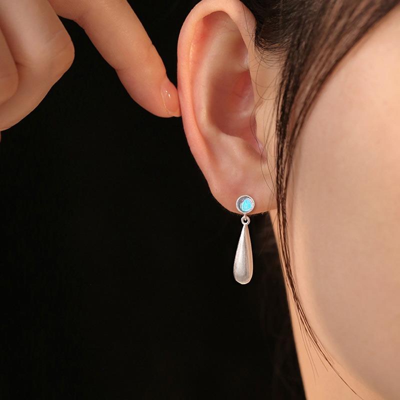Gradual Change Color Moonstone Water Drop Earrings Vintage Court Vintage Long Matte Geometric Oval Brushed Stud Earrings