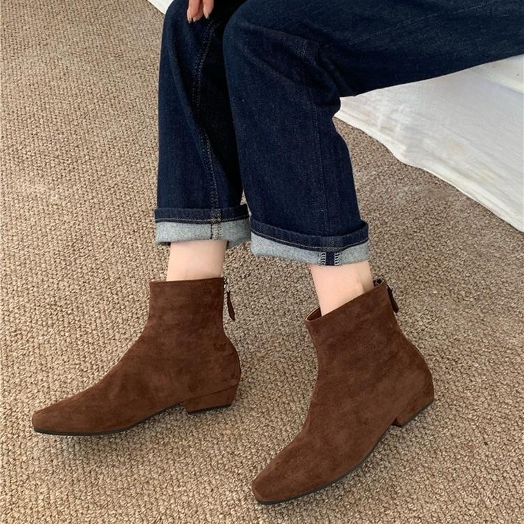 Coarse heel suede square head short boots women's 2025 autumn and winter new warm velvet women's boots Korean version thin boots fashion boots