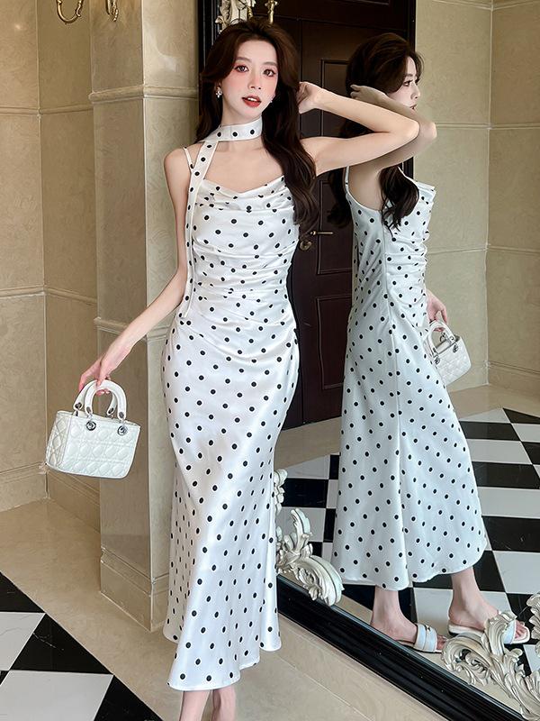 White Polka Dot Bodycon Spaghetti Strap Dress for Women - Summer French Style