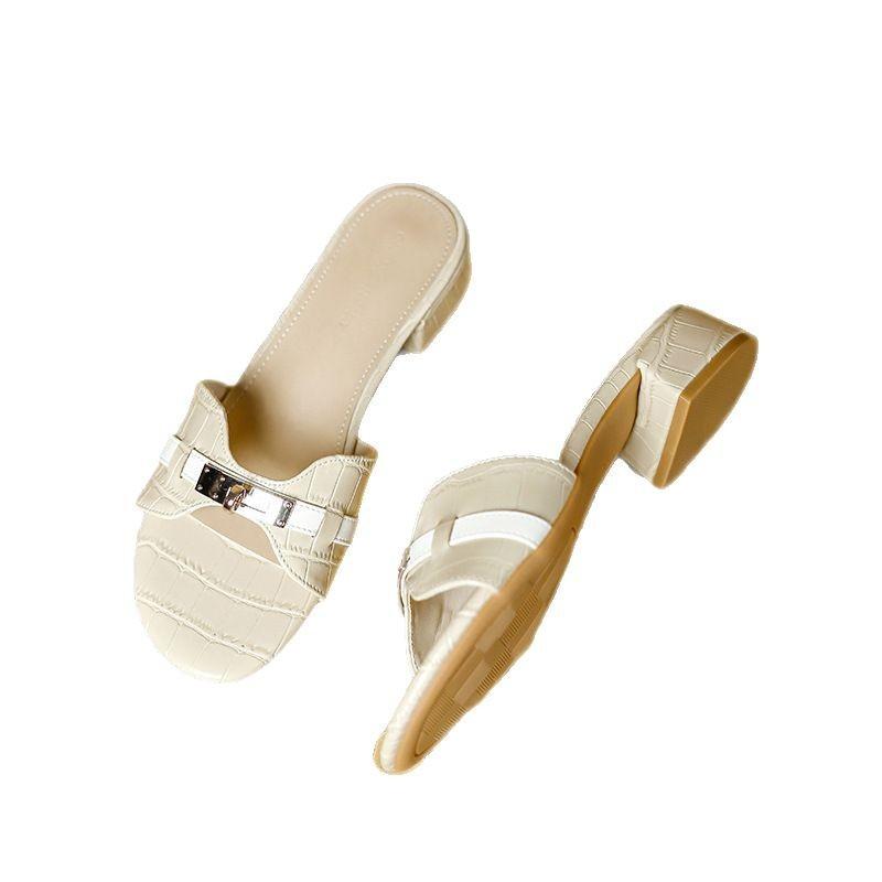 Summer Soft-soled H Slippers Beach Mid-heeled Sandals Small Gold Buckle Open-toe Slippers Women's Casual One-word Drag