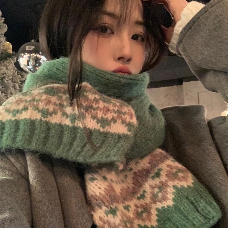 Fair Isle Neujahr Gestrickter Wollschal Rot Damen Winter Neu Koreanische Atmosphäre Warmer Schal