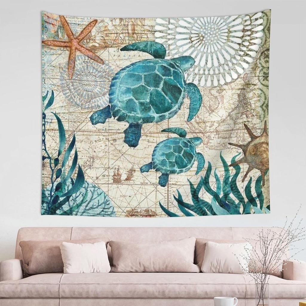 Vintage Sea Turtle Tapestry,Nautical Print with Old Map Background,Starfish Seaweed,Teal Wall Hanging for Bedroom, Coastal Decor