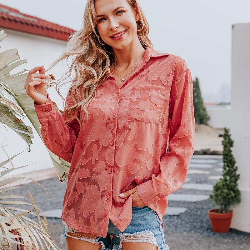 YYFS Dámská móda Ležérní Jaro Podzim Květinový vzor Potisk Dlouhý rukáv Halenky a košile POLO Výstřih