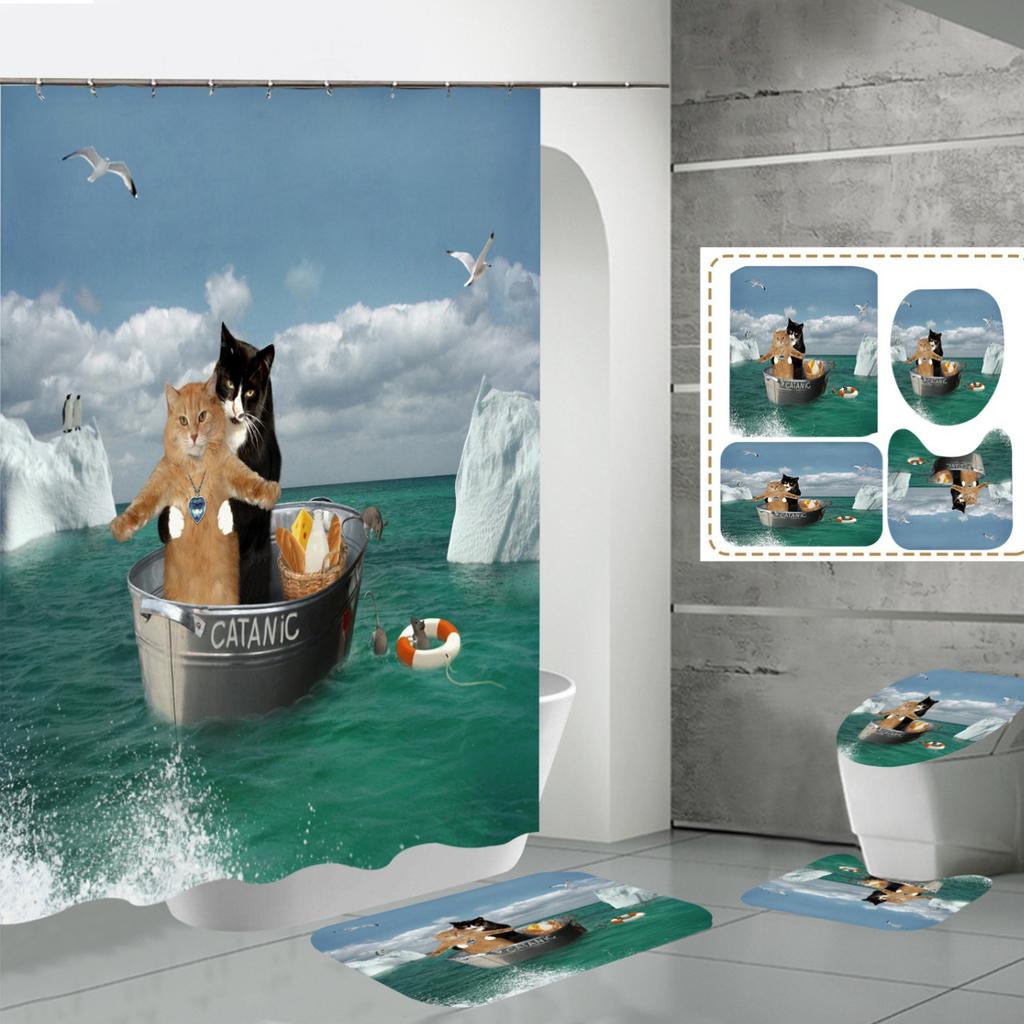 Shower Curtain Four-Piece 3D Digital Printing Shower Curtain Underwater Animal Bathroom Partition Shower Curtain