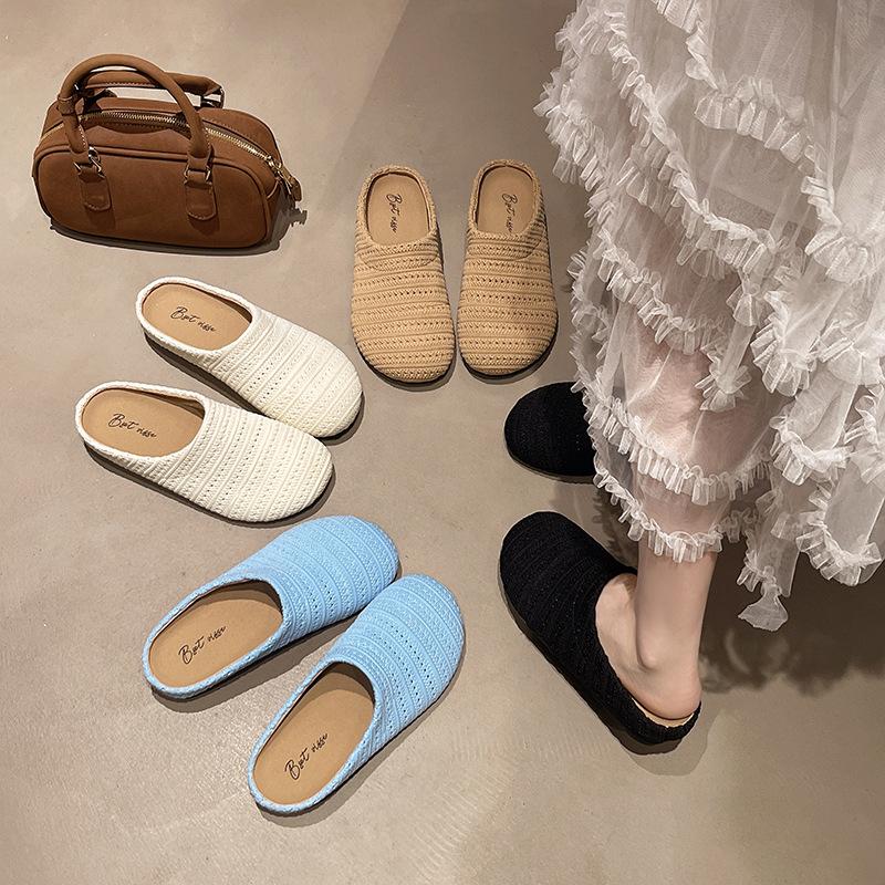 Woven hollow breathable bag head half drag women's outer wear 2025 spring and summer new thick bottom soft bottom with skirt cool slippers