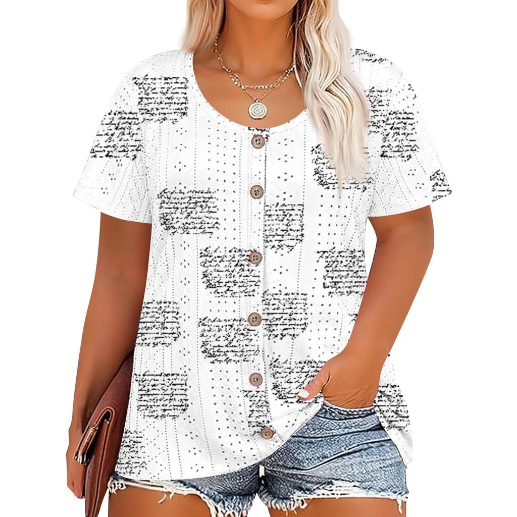 Plus Size Women's Fashion Casual Vintage Printed O-Neck Short Sleeve Button T-Shirt Top