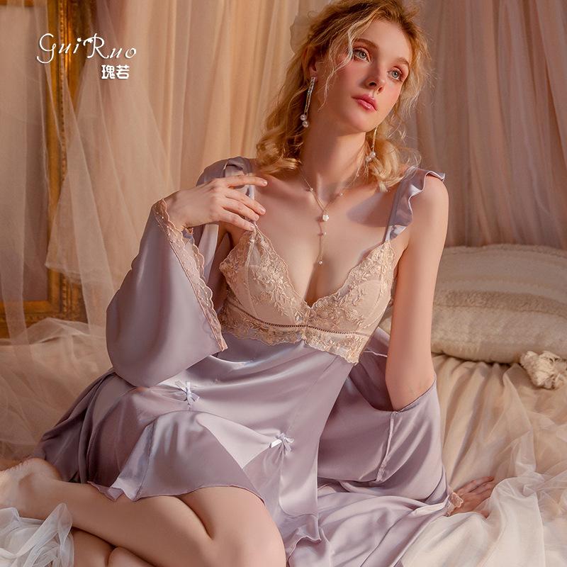 Women's French Style Silky Lace Padded Cami Sleep Dress with Robe Lounge Set