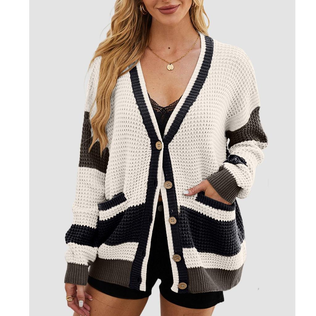 Women's Casual Knitted Jacket Pocket Color Blocked Cardigan Sweater  Loose Jacket