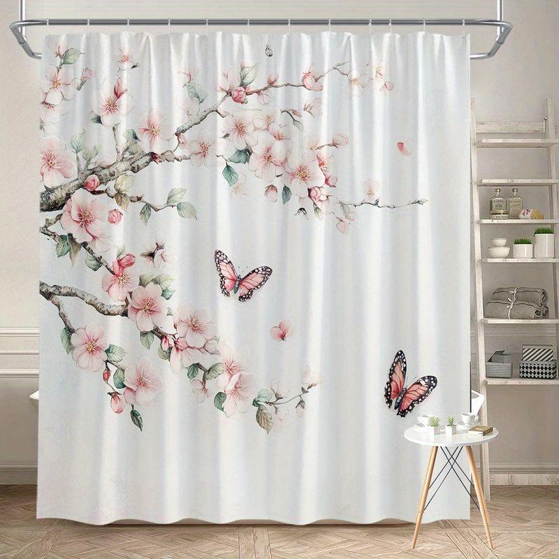 

1pc Light Pink Cherry Blossom Shower Curtain - Soft Translucent Petals, Green Leaves and Butterflies, Machine Washable Polyester 90X180cm