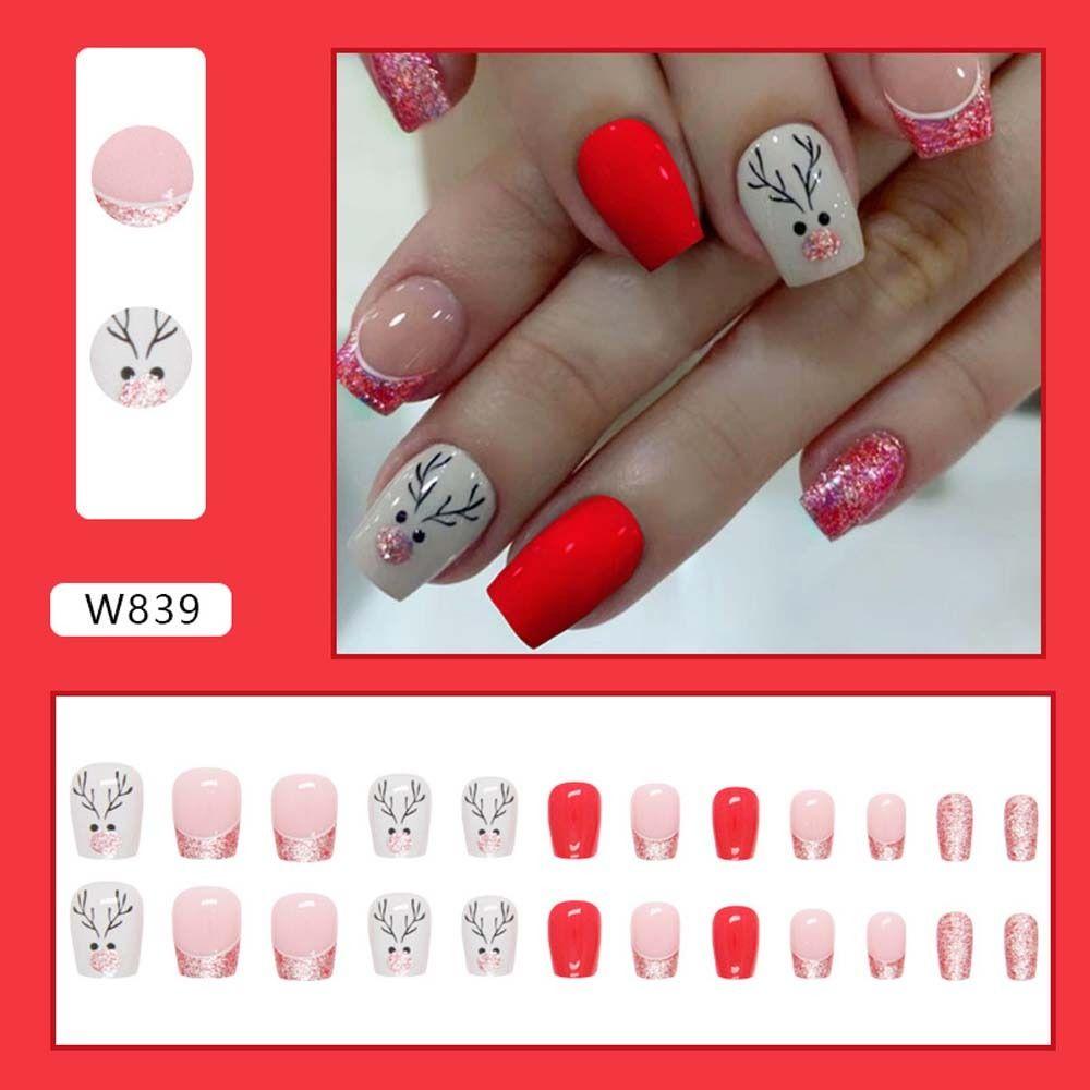24Pcs/set DIY Nail Accessories Christmas Short False Nails Christmas Fake Nail Extension  Nail Salon