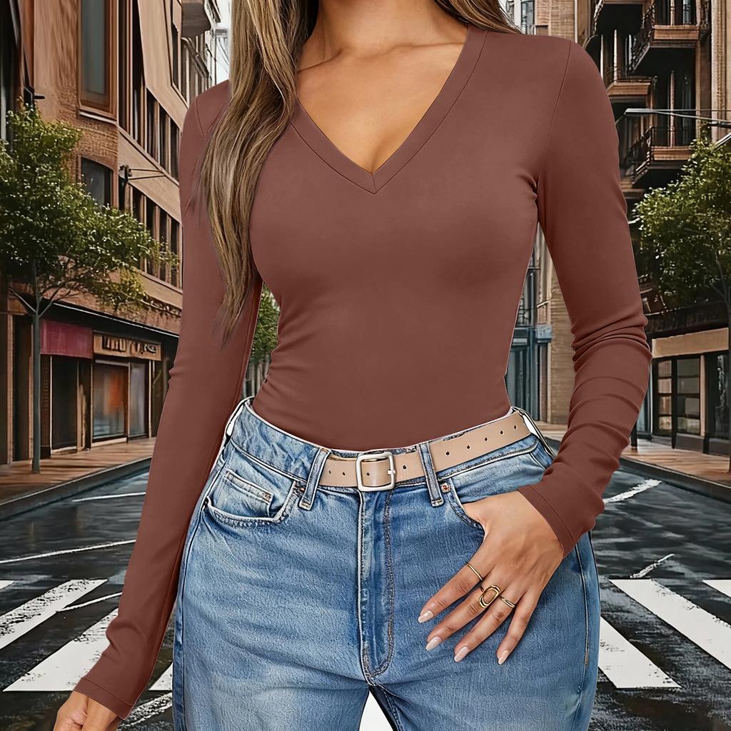 Women's Color V,Neck Slim,Fit Long,Sleeve Top
