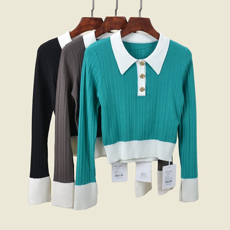 Color Matching Polo Collar Long Sleeves Knitwear Fashion Wind Metal Ring Buckle Split Sleeve Silm Short Lapels Fall Base