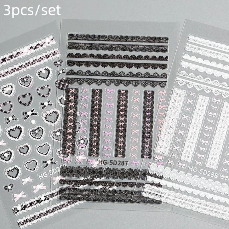 1/3Pcs Bow Lace Nail Stickers With Sweet Hearts Self Adhesive Nail Art Stickers Decals Japanese Winter Knit Lace Decoration