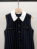 Autumn French Commuter Striped Sleeveless Pleated Dress with Turn-Down Collar