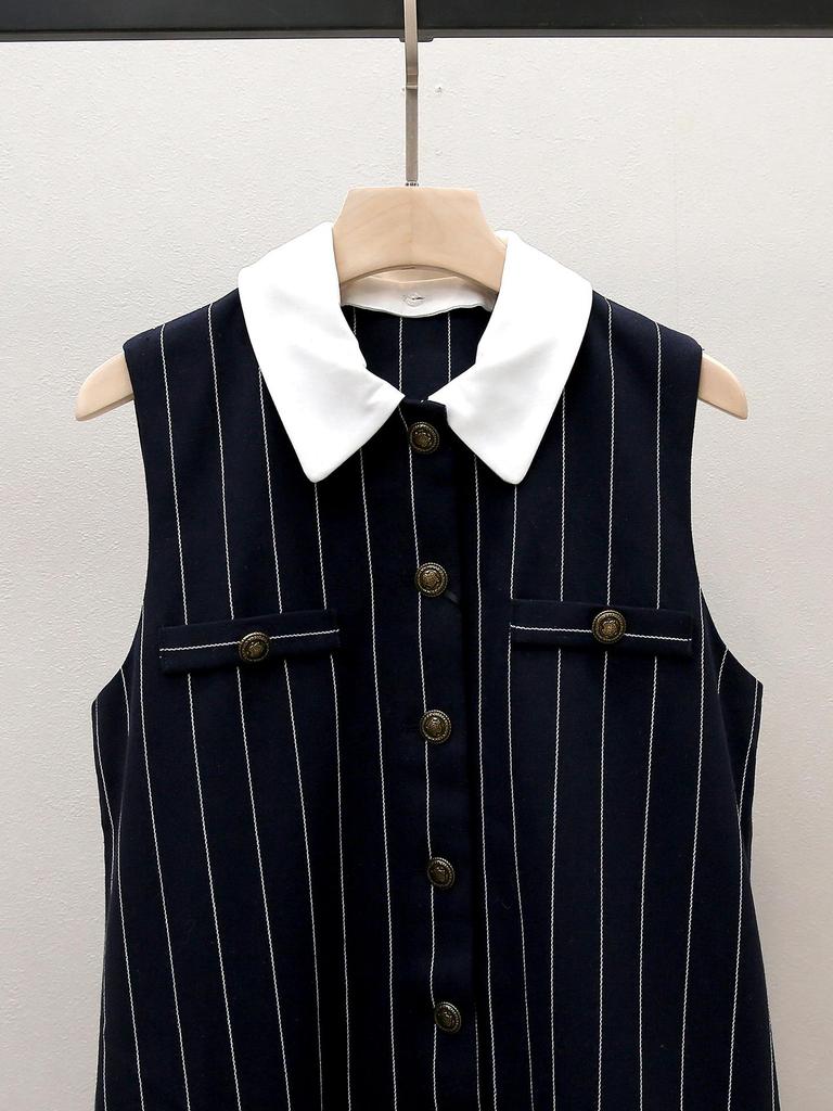 Autumn French Commuter Striped Sleeveless Pleated Dress with Turn-Down Collar
