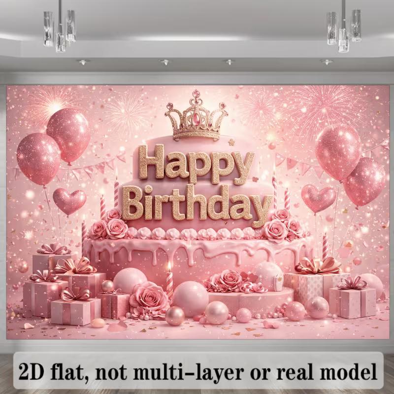 2D Pink Glitter Birthday Photography Background with Balloons & Gifts