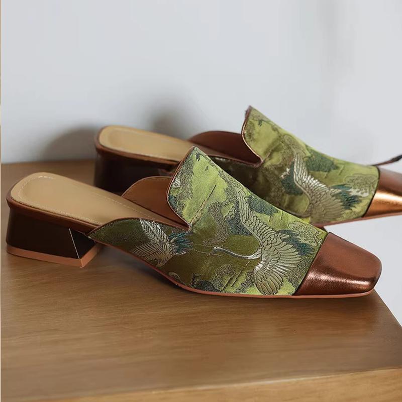 Square Toe Women Slippers Spring Mid Heels Slingback Shoes Retro Elegant Woman Pumps 2025 Trend Dress Cozy Ladies Shoes