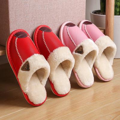 Winter Couples Cotton Slippers: Women's and Men's Warm Waterproof Non-slip PU Leather Home Slippers.