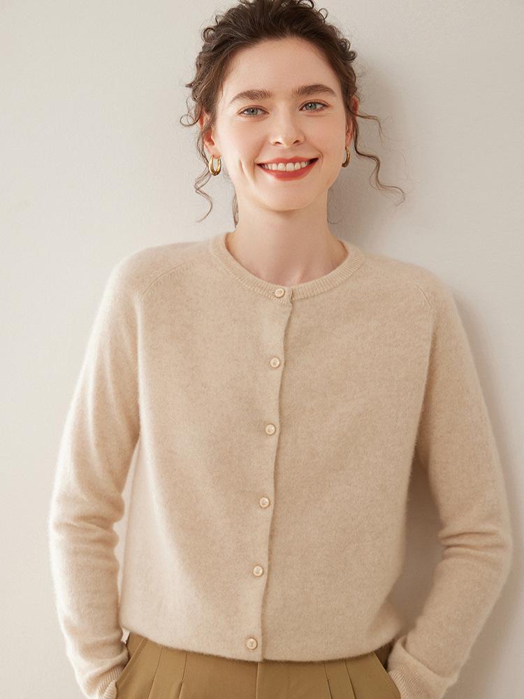 Women's Loose Fit Cashmere Raglan Cardigan – Round Neck, Long Sleeve, Solid Color