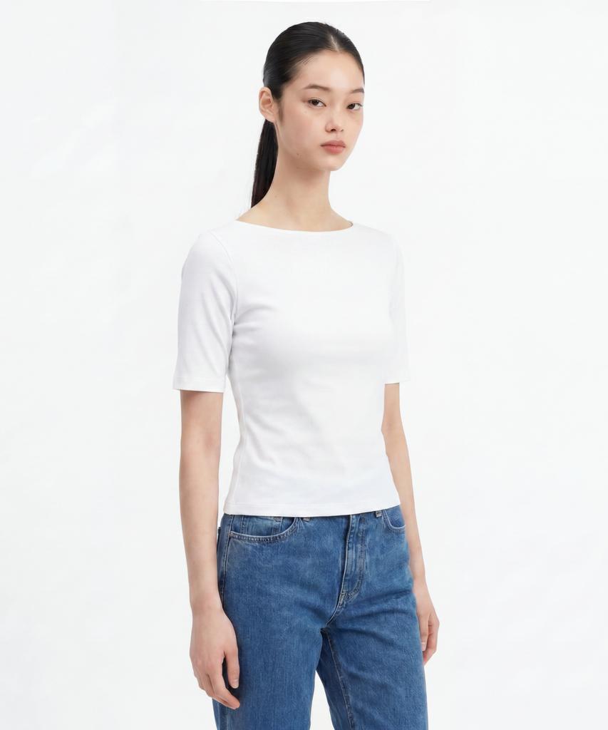 BASIC HOUSE Women'S Modal Spandex Boat Neck Slim Fit Short Sleeve T-Shirt White