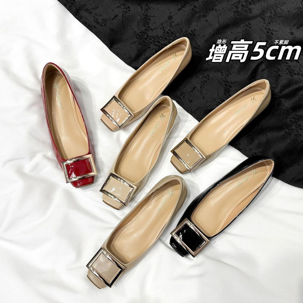 Height Increase 5cm Metal Square Buckle Classic Patent Leather Flat Shoes Women's 2025 New French Square Head Shallow Mouth Single Shoes