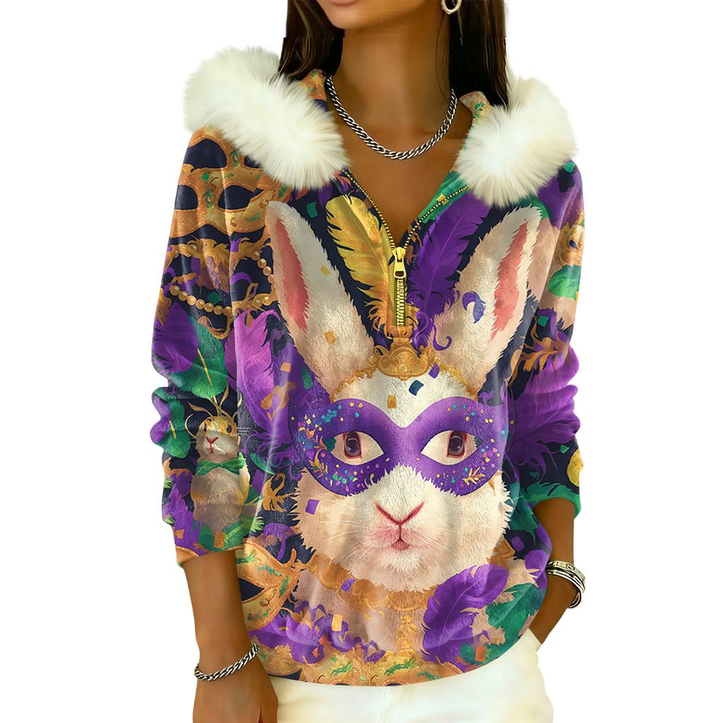 Women's Loose And Comfortable Casual Fashion Half-Zip Hooded Long Sleeve Carnival Print Top
