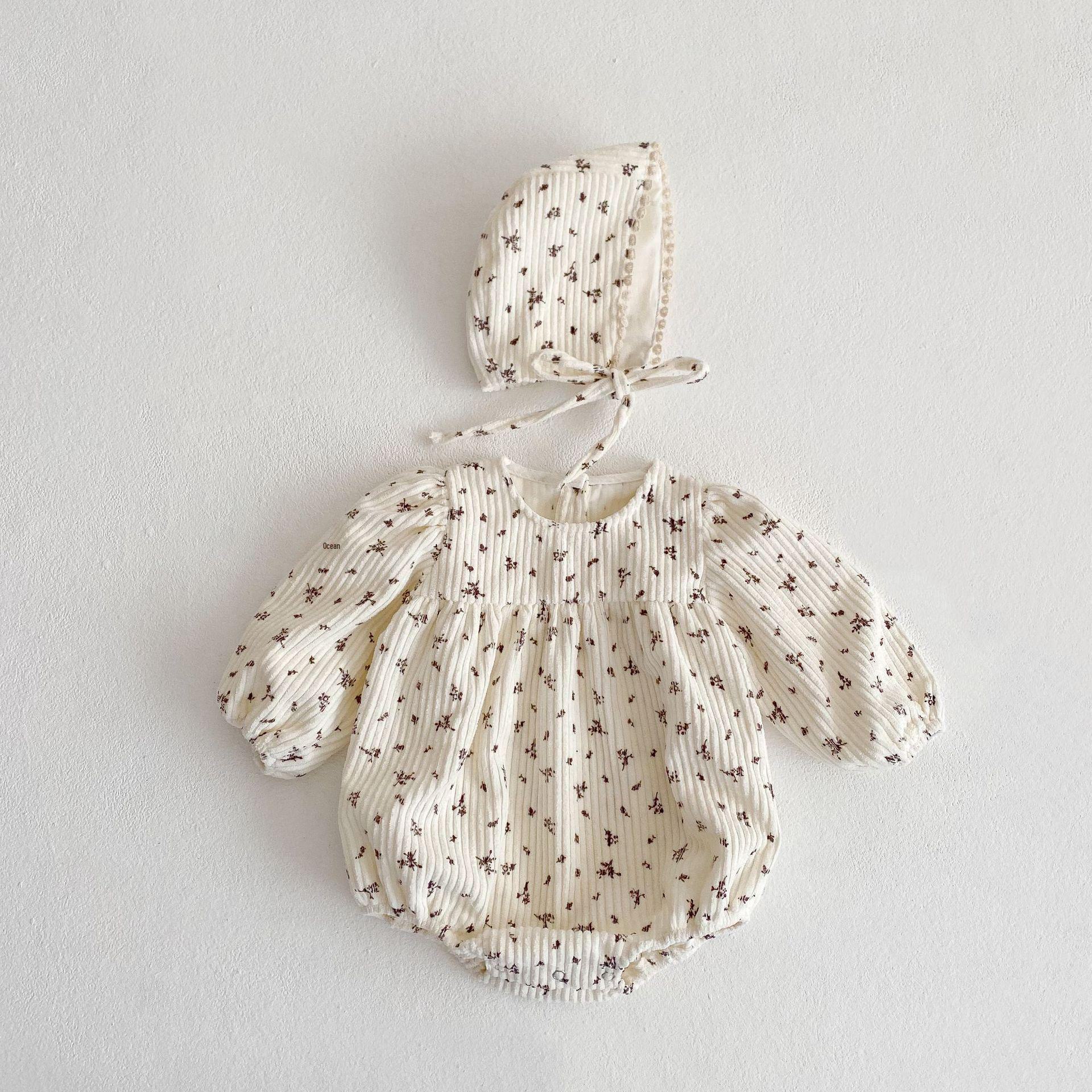 

Весенний комбинезон из хлопкового вельвета для девочек 2024 года с шапочкой 66cm слоновая кость/цветочный