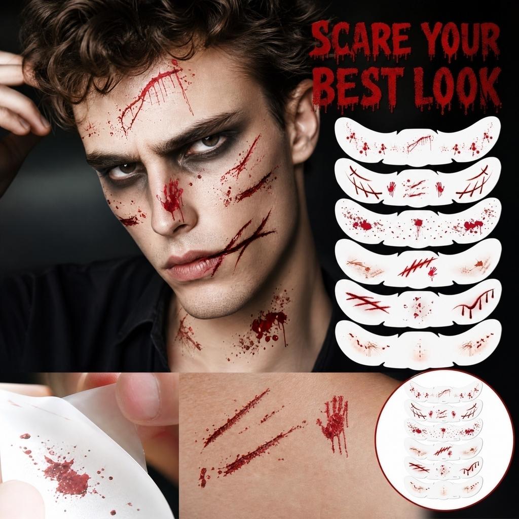 Temporary Stickers for Halloween, Scary Wound Effect Fake Tattoos for Face & Body, 6 Sheets of Scar & Cut Tattoos for Halloween Costume Decoration