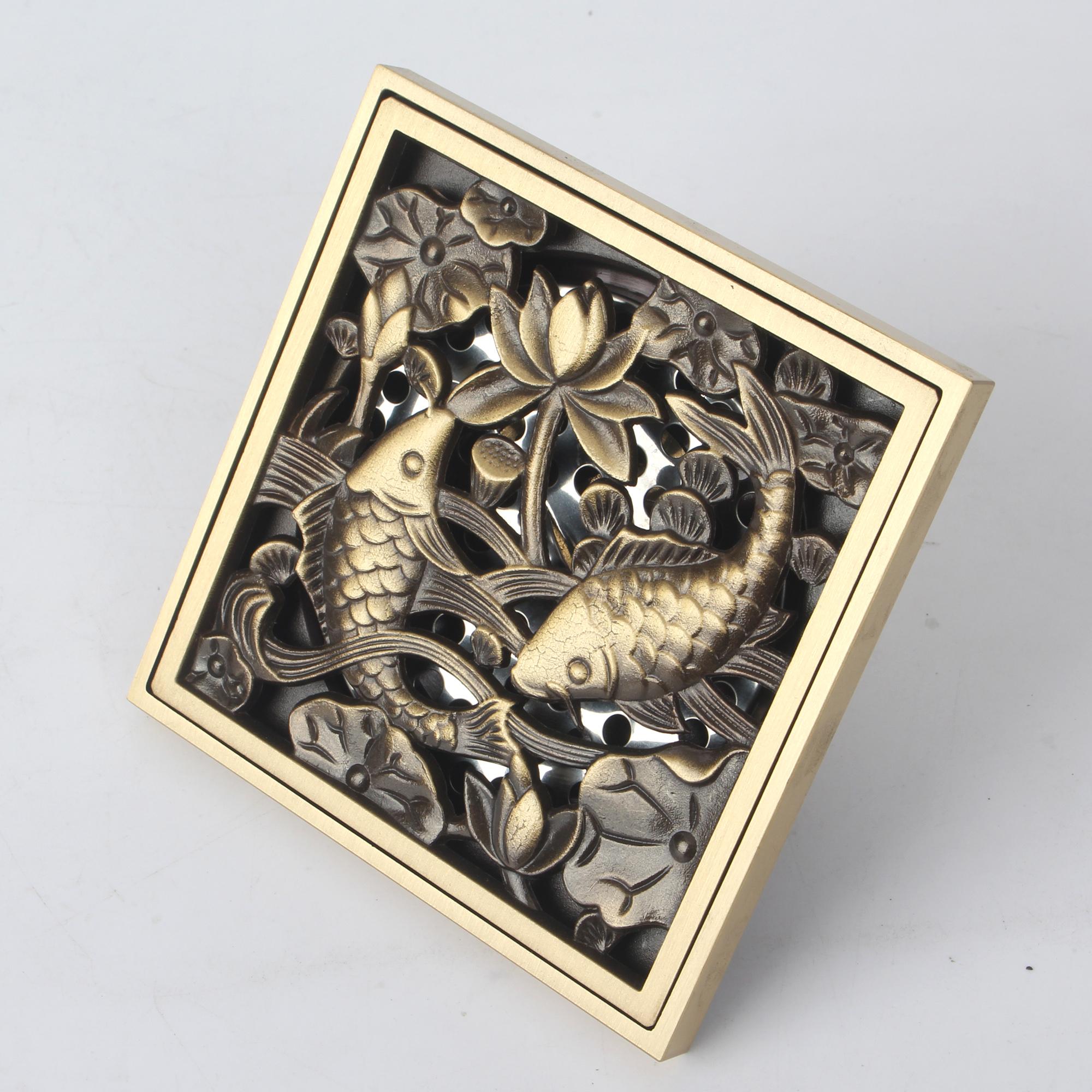 Modern Design 4 Inch Square Brass Floor Drain for Bathroom Shower Free Custom Surface Plating for Hotels Brass