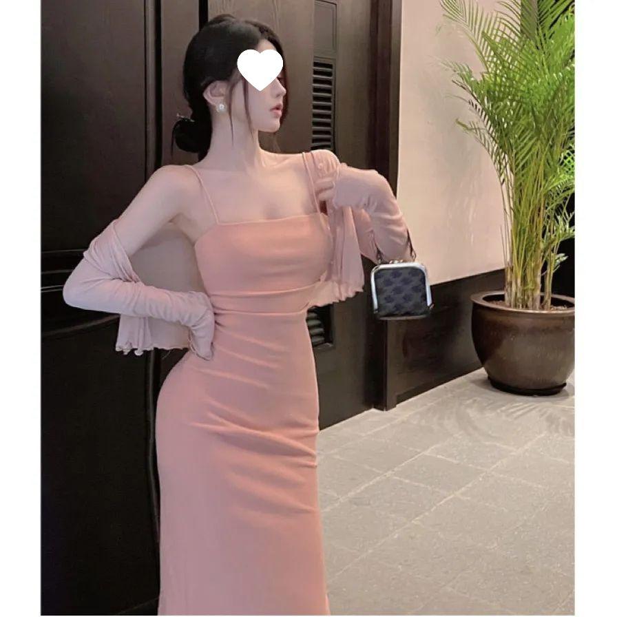 

Элегантный французский облегающий комплект платья на тонких бретелях с коротким пальто Small