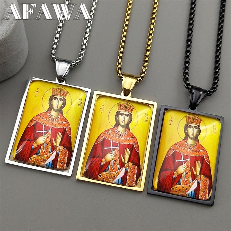 Orthodox Saint Helena Glass Medal Pendant Necklace for Women Men Stainless Steel Gold Color Cross Chain Amulet Jewelry Gift