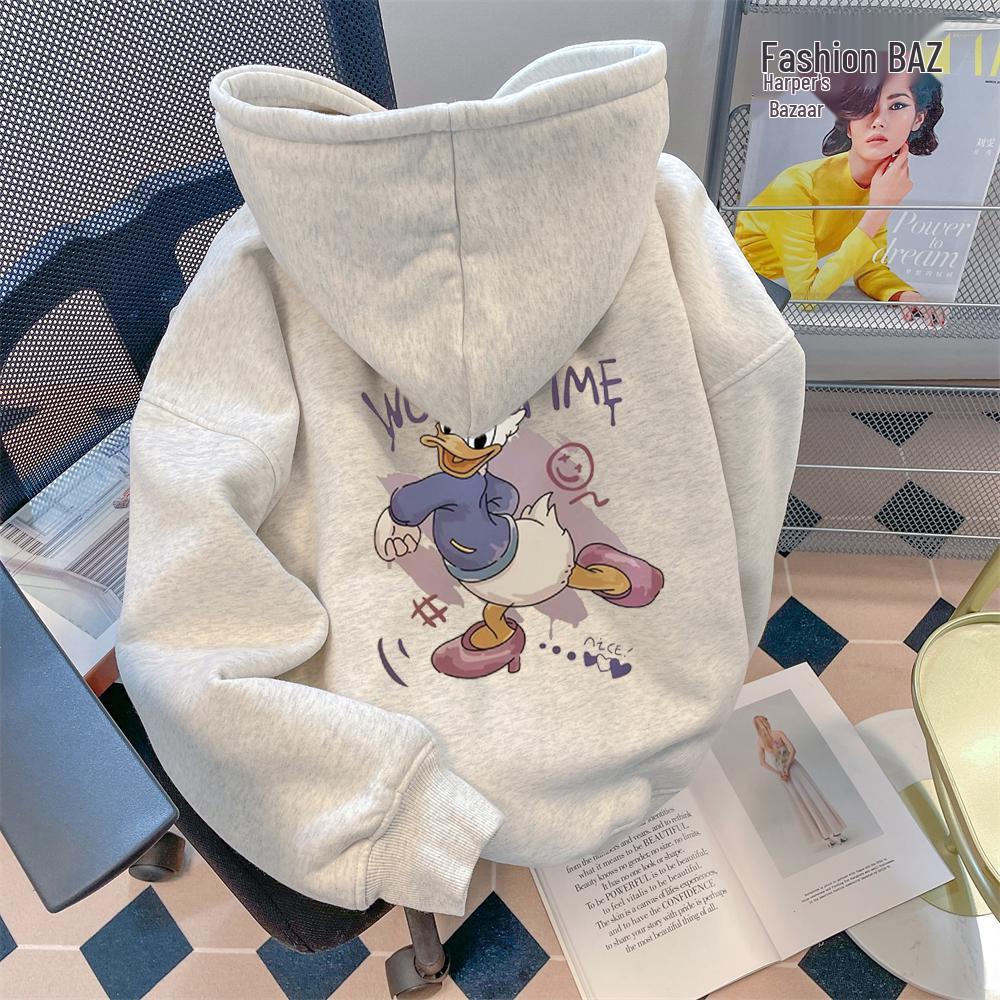 Women's Plus Size Gray Donald Duck Hoodie - American Style, Silver Fox Velvet, Thickened for Autumn Winter.