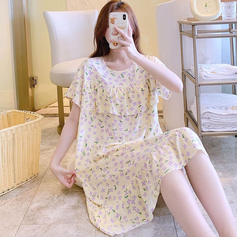 Sleeping Dress for Women In Summer Thin Cotton Silk Short Sleeved Without Chest Pad Home Clothing Knee Length for Outdoor Wear Dress