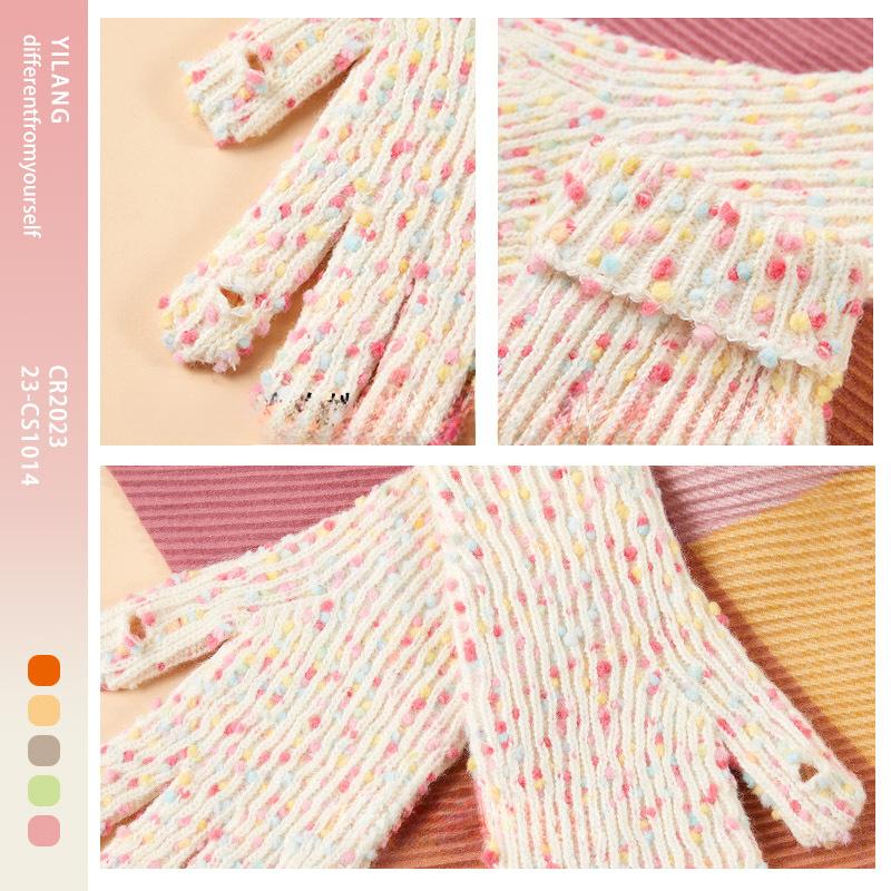 New Knitted Gloves for Women with Velvet Candy Color Warm and Cold-proof Fashion Finger Revealing Korean Gloves