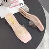 2025 New Summer Fashion High Heel Outer Wear Coarse Heel Medium Heel Soft Leather Transparent Crystal and Cool Slippers Outdoor Half Slippers
