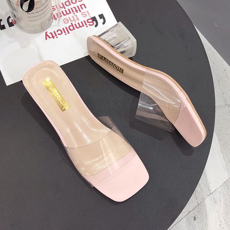 2025 New Summer Fashion High Heel Outer Wear Coarse Heel Medium Heel Soft Leather Transparent Crystal and Cool Slippers Outdoor Half Slippers