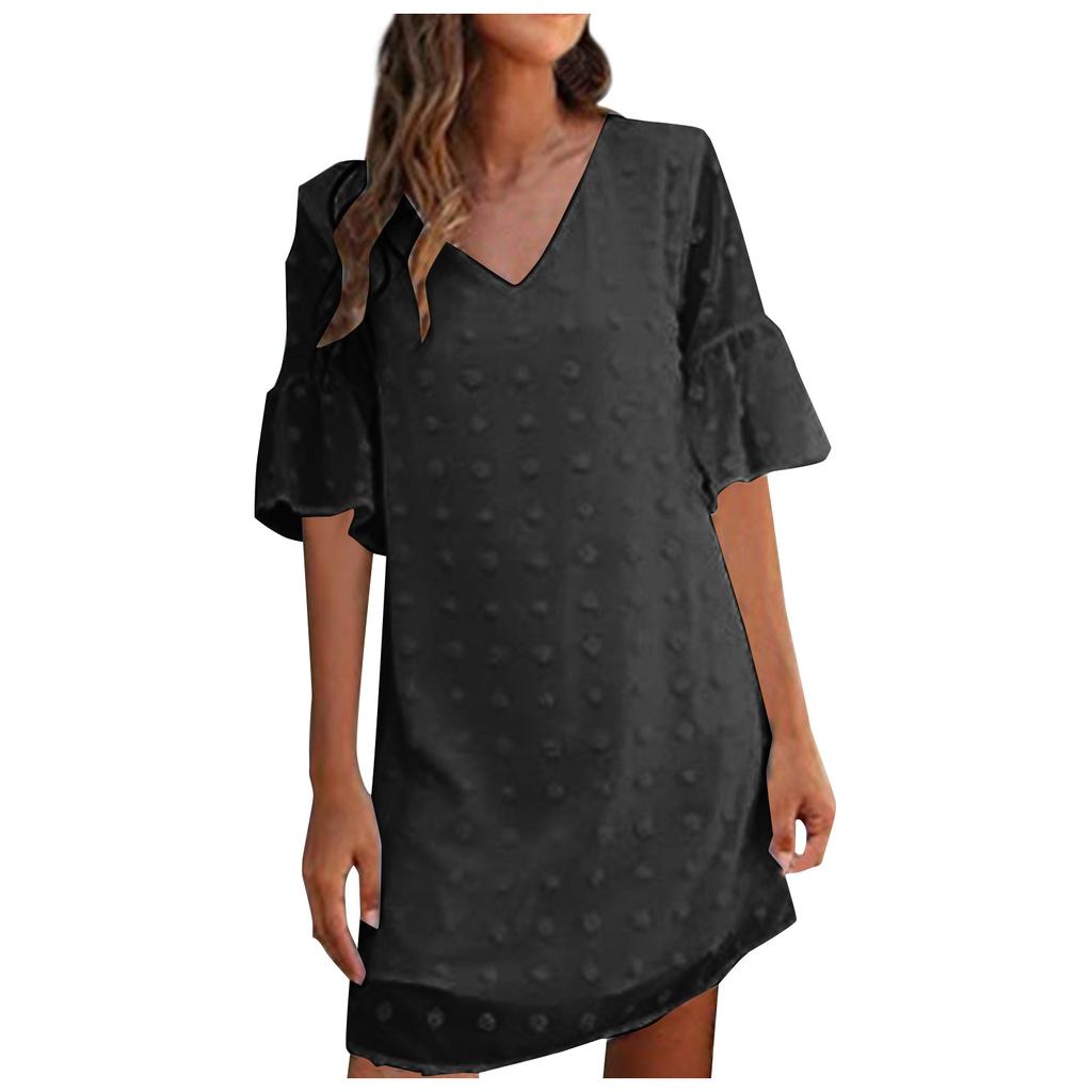 Women's  Small Fresh Casual Solid Color Loose Straight Trumpet Short-sleeved Jacquard-chiffon Stitching V-neck Dress