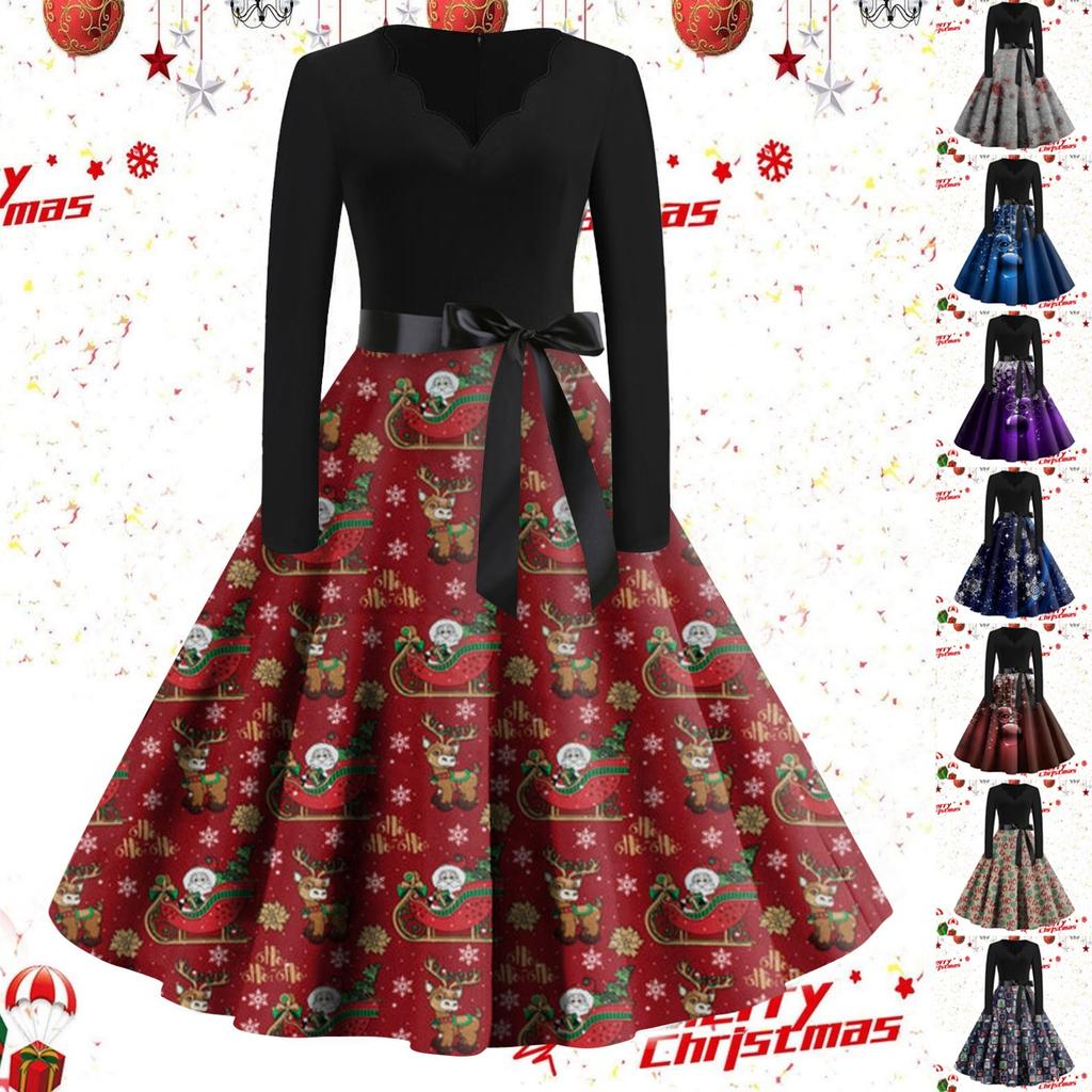 Kvinners avslappet mote langermet juleprintet vintage lange kjoler