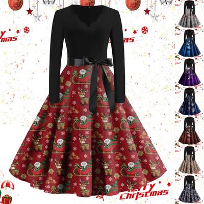 Women's Casual Fashion Long Sleeve Christmas Printed Vintage Long Dresses