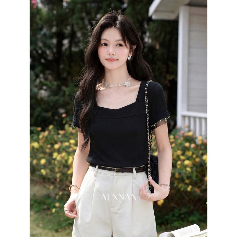 

Lu Xiangnan French Chic Black Short Sleeve T-shirt S