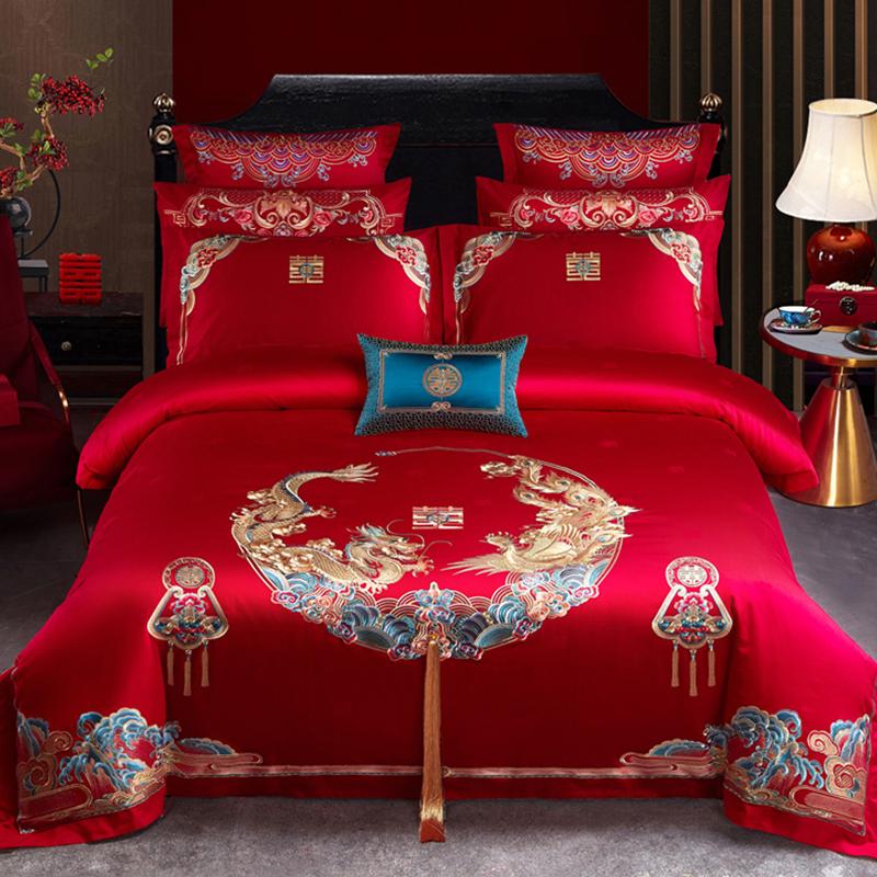 Comforter 100/140Ct Long-Staple Cotton Chinese-Style Wedding Festive 4-Pcs A Witness To Marriage And Love Home Decoration