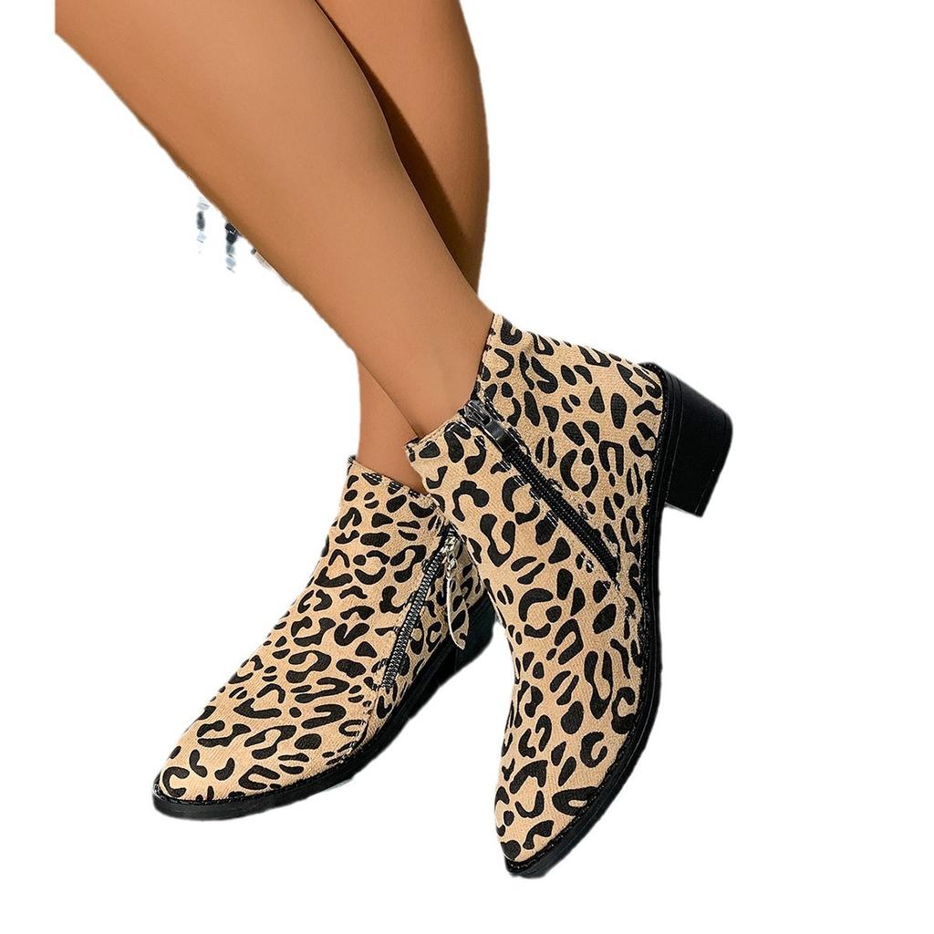 Large Size Leopard Print Pointed Autumn New Suede Thick Heel Side Zipper Fashionable Versatile Short Boots