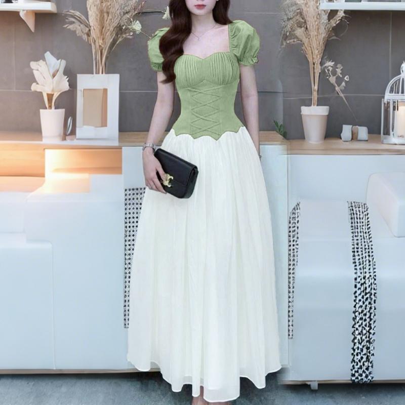 ZANZEA Women Elegant Square Collar Casual Short Sleeve Splice Long Dress