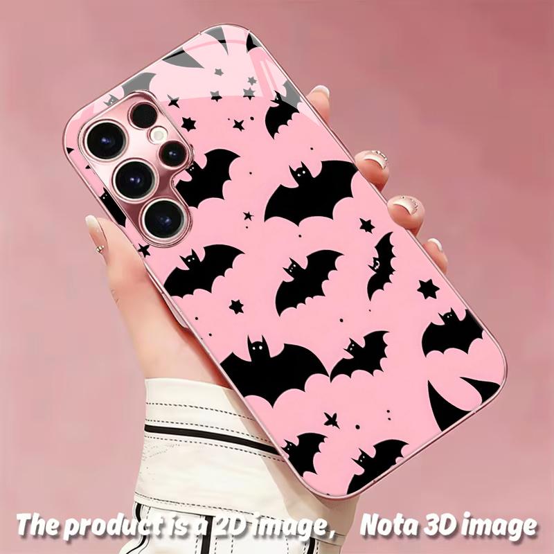 2DFlat Samsung electroplated tempered glass phone case,Cute Bat Pattern Phone CaseSuitable for Galaxy S26 S23 S24FE S25ULTRA S22 S21