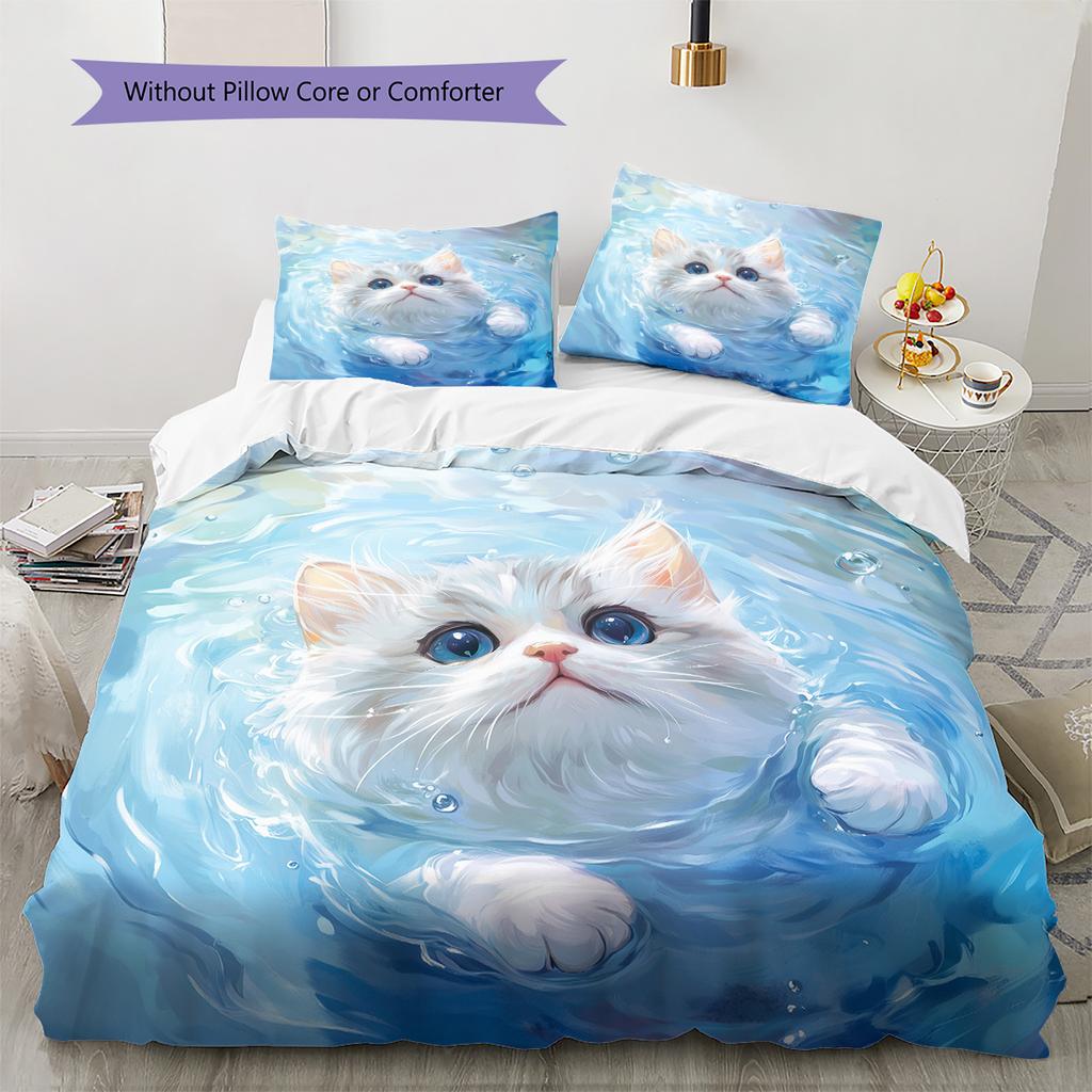 Cat with Water Ripple Pattern Pattern Bedding Quilt Set  Home Decoration  Gift (1 * duvet cover + 2 * pillowcase  without core)