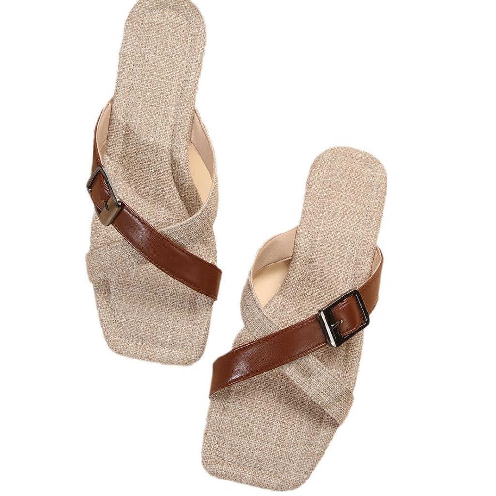 Slippers Women's New Women's Shoes Summer Square Head Cool Slippers Women's Outer Wear Square Buckle Flat Bottom Comfortable Slippers