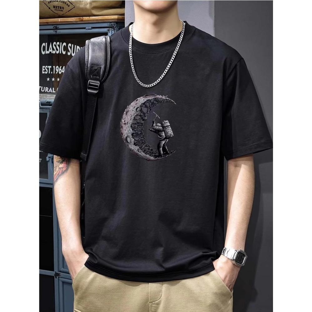 Summer Men's Cotton Astronaut Moon Graphic Print Fashionable Loose Sports Round Neck Short Sleeved T-shirt Top